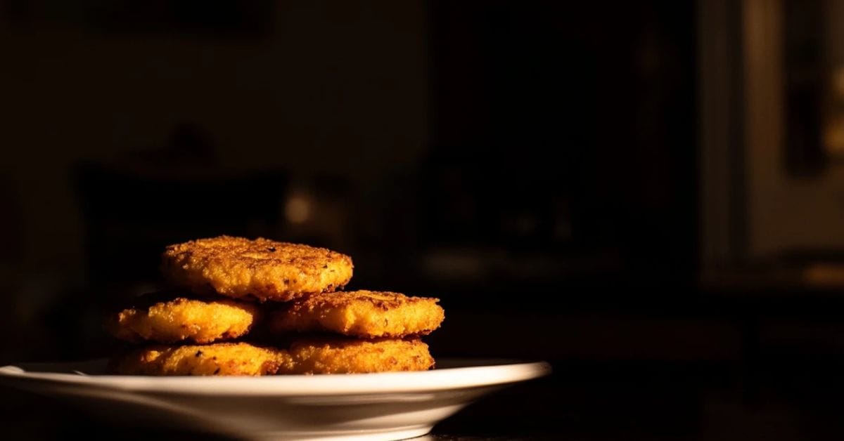 Golden brown hash brown patties cooked in an air fryer