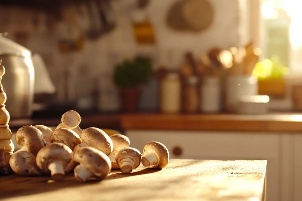 A pile of fresh button mushrooms on a rustic wooden table.