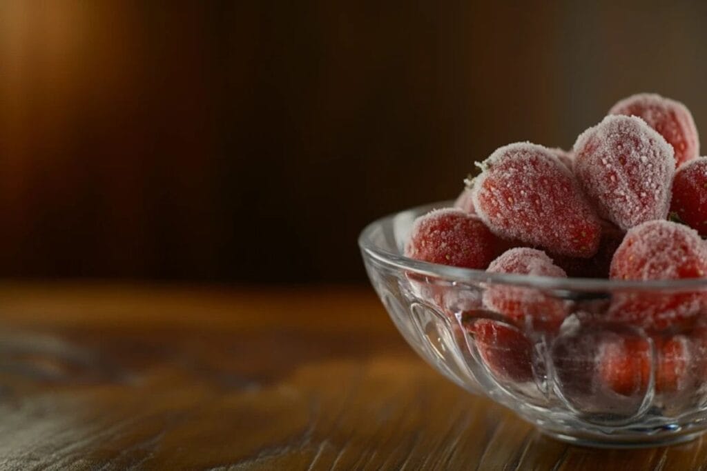 Close-up of vibrant frozen strawberries covered in light frost.