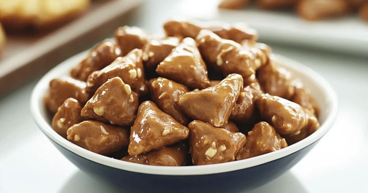 A bowl of peanut butter pretzels placed on a wooden table