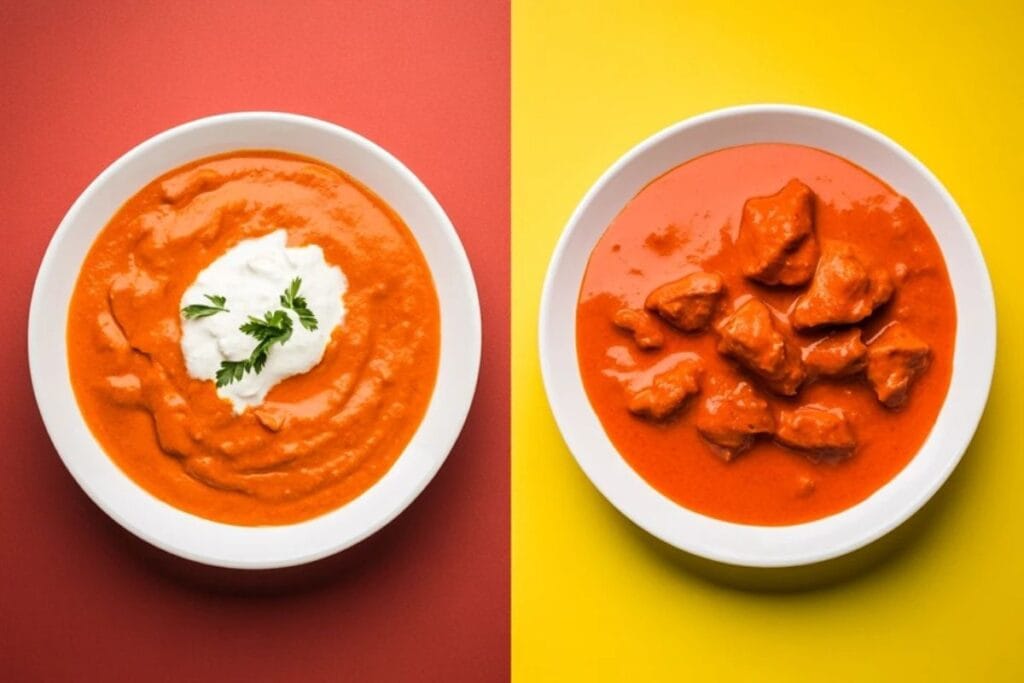 A side-by-side comparison of butter chicken and tikka masala dishes