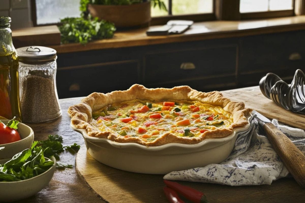 A tortilla quiche with golden crust and colorful vegetable filling