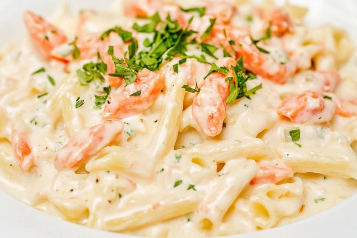 Cavatappi pasta with creamy Alfredo and herbs