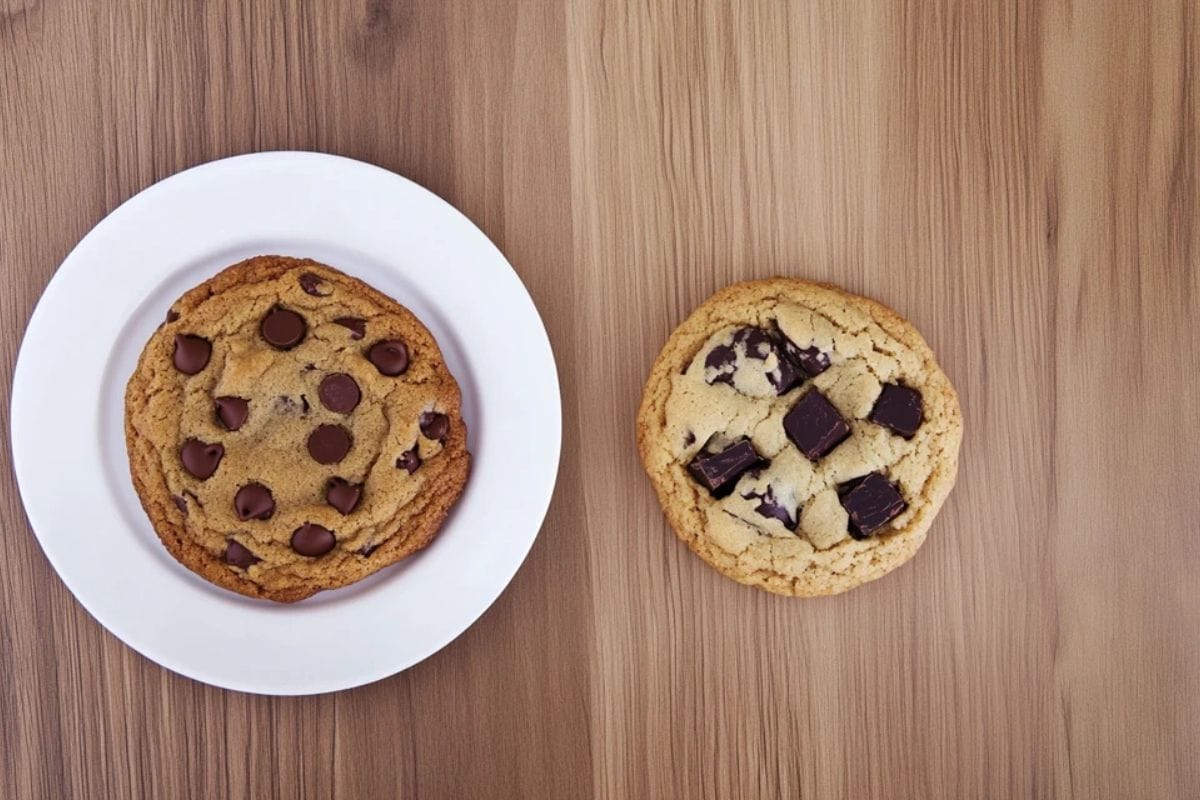 Chocolate chip and chunk cookies side by side on a plate.