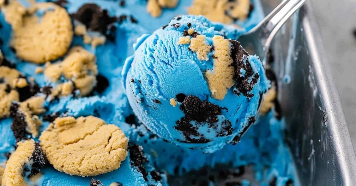 A bowl of Cookie Monster Ice Cream with visible cookie chunks