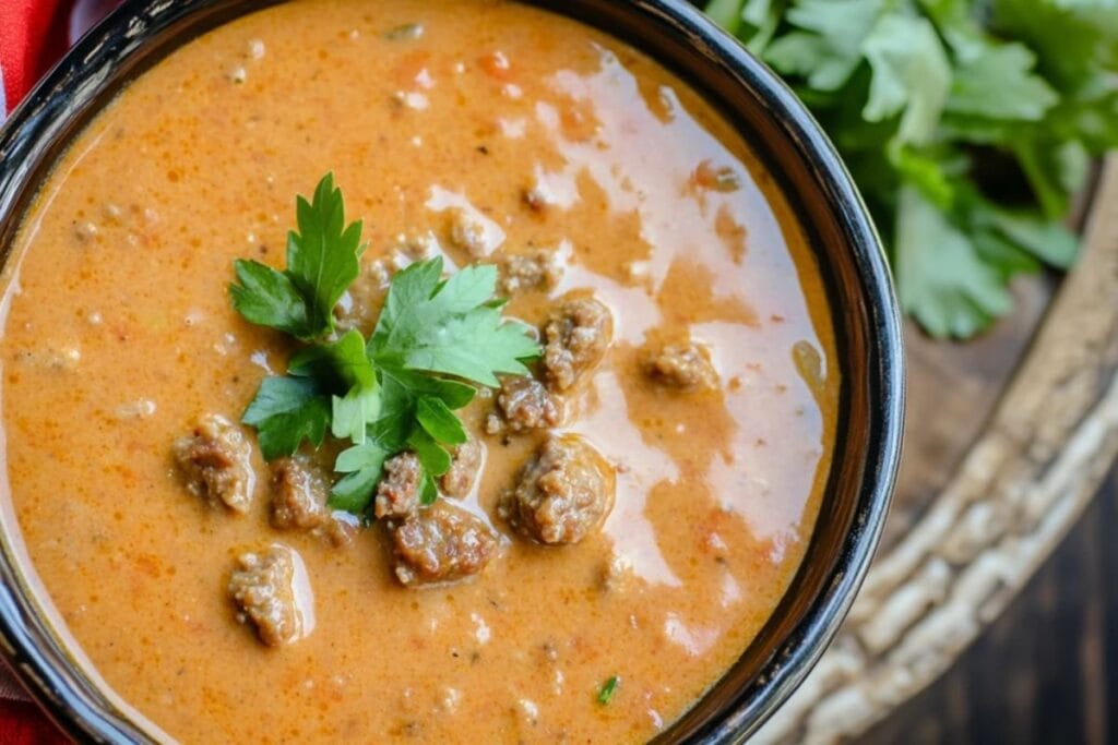 A rustic bowl filled with creamy Parmesan Italian sausage soup, topped with fresh parsley.