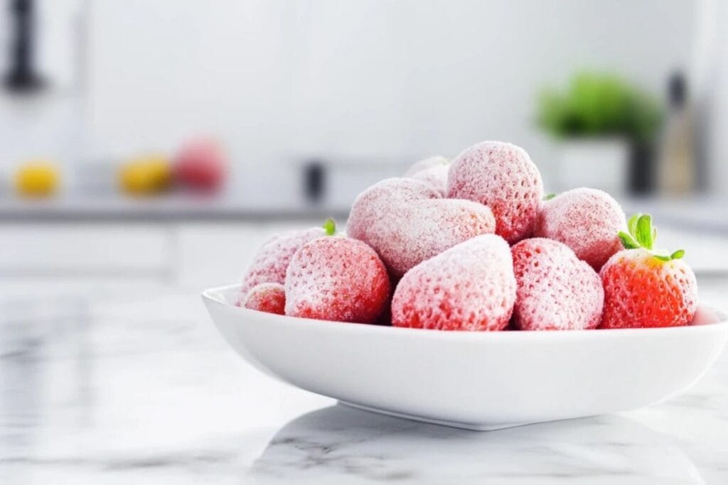 A bowl filled with vibrant frozen strawberries covered in frost.