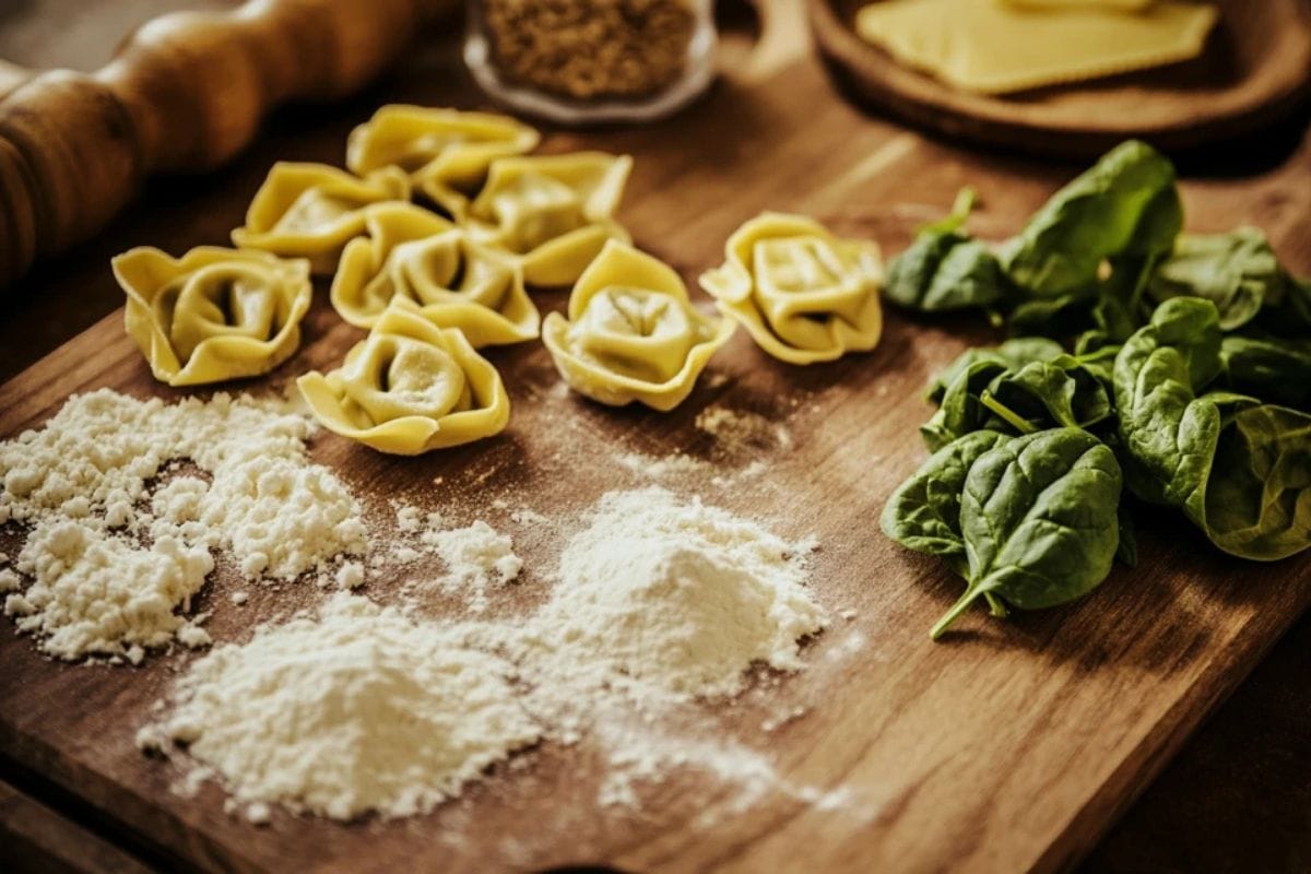 Gluten free tortellini dough and fillings on a wooden board