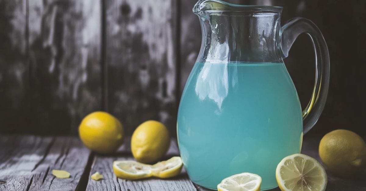 lass of blue lemonade with lemons and mint garnish on a wooden table