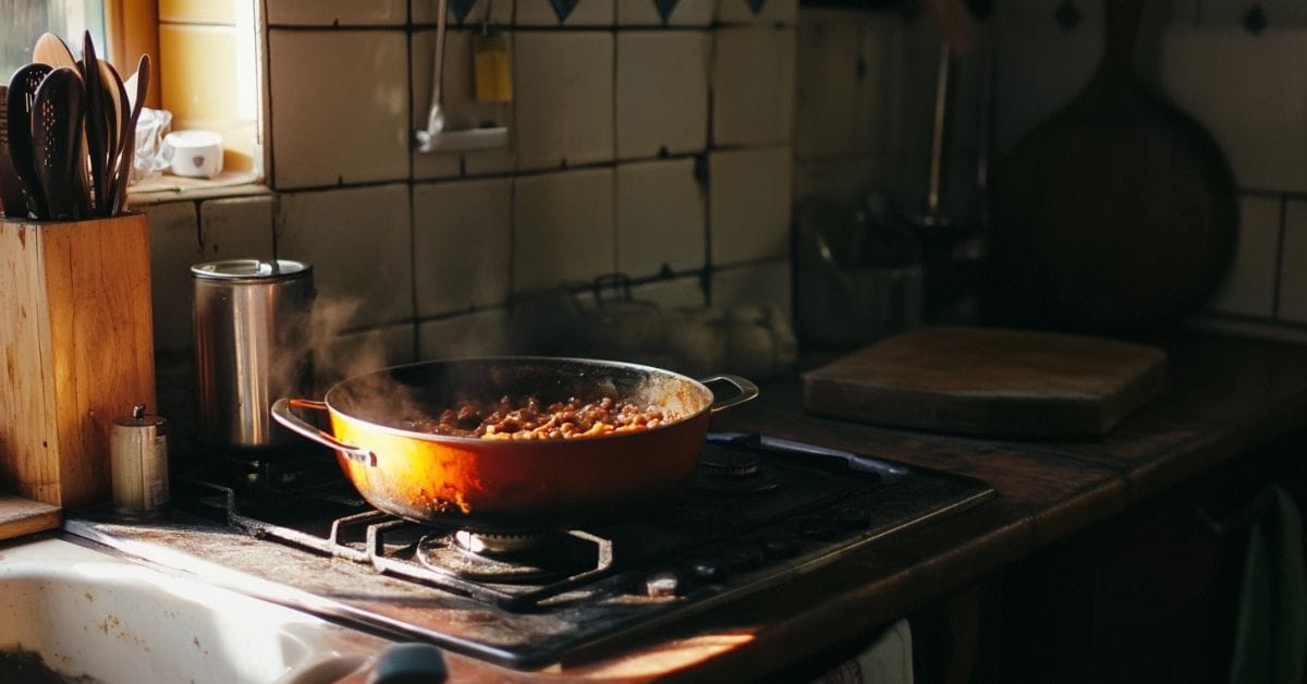 Pot of ragù simmering with vegetables and herbs