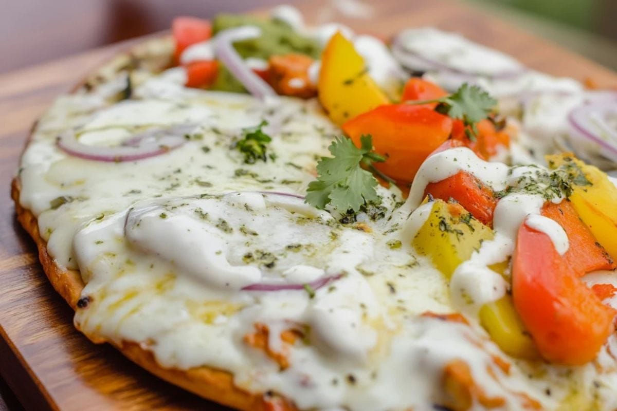 Indian pizza topped with paneer, tandoori chicken, and vegetables.