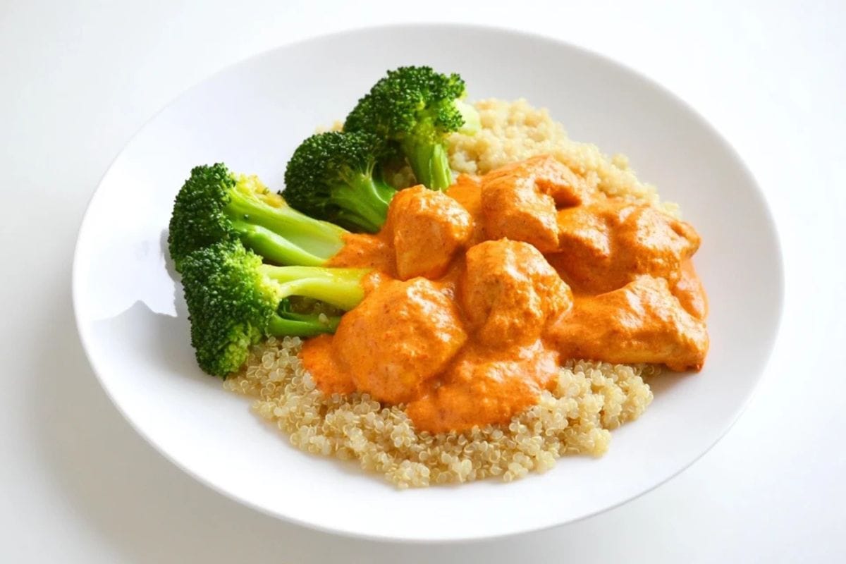 A healthier version of butter chicken served with quinoa and vegetables.