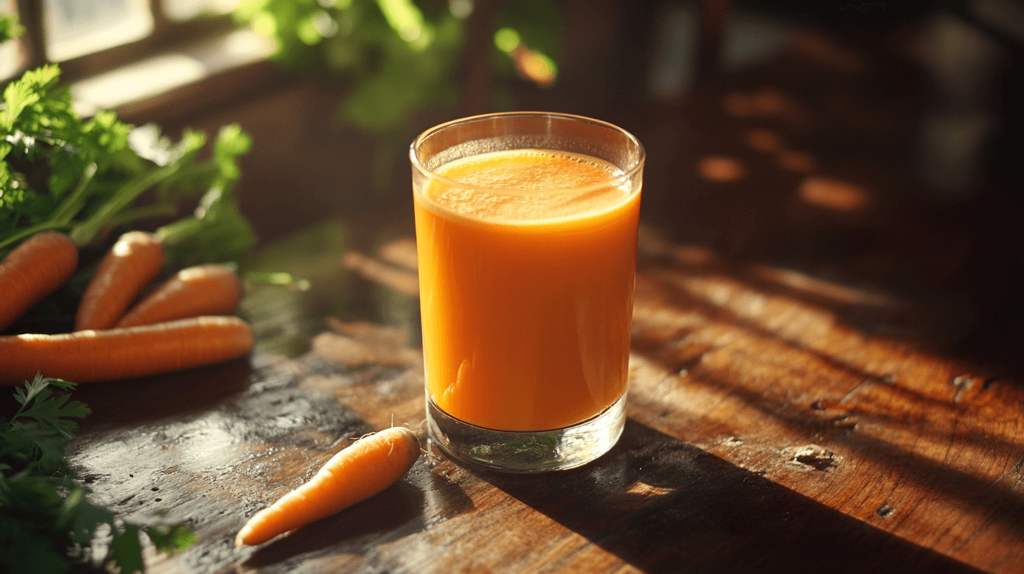 A glass of fresh carrot juice with whole carrots on a wooden table.