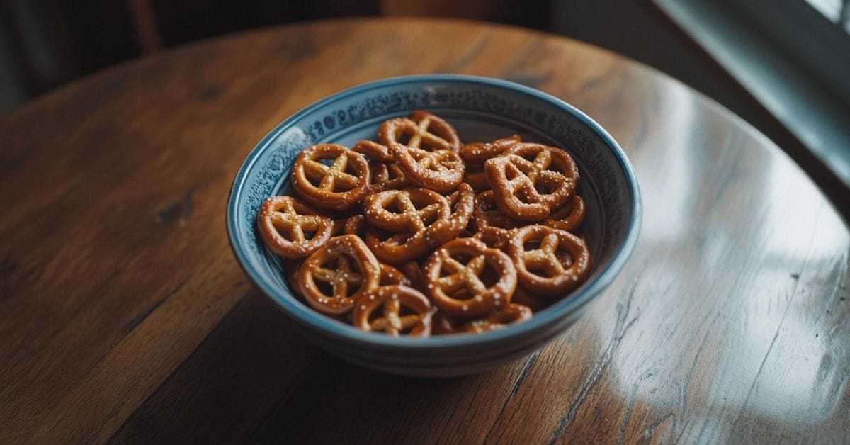 A bowl of pretzels on a table with poor lighting