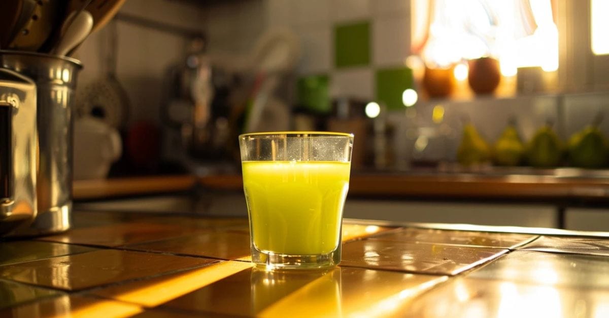 A glass of pear juice next to fresh pears for digestive health.