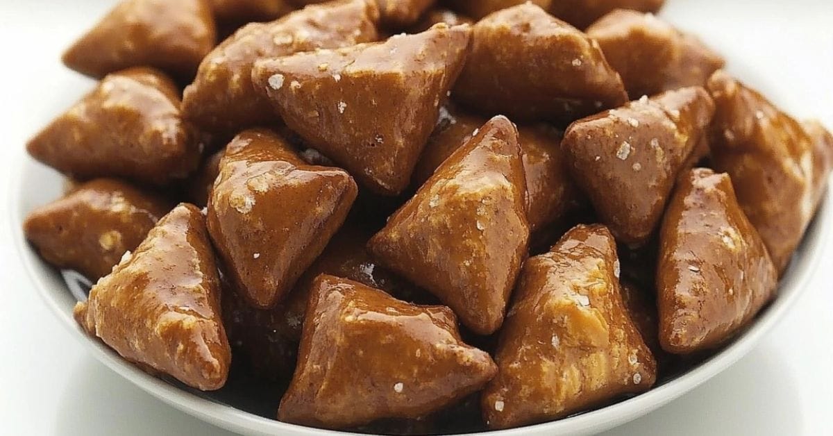 A bowl of peanut butter pretzels with a rustic background.