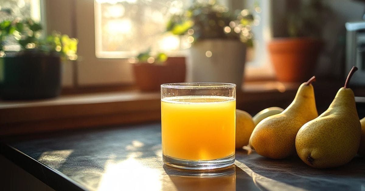 A glass of fresh pear juice surrounded by ripe pears