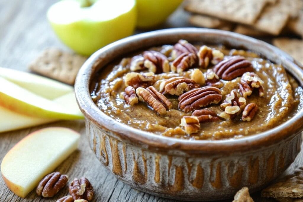 Close-up of pecan pie dip topped with caramelized pecans.