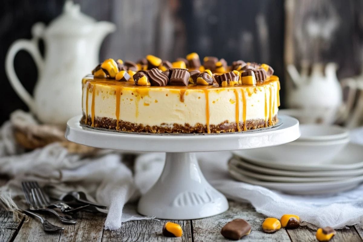 Whole Reese's Caramel Cheesecake topped with caramel and garnished with Reese's pieces.