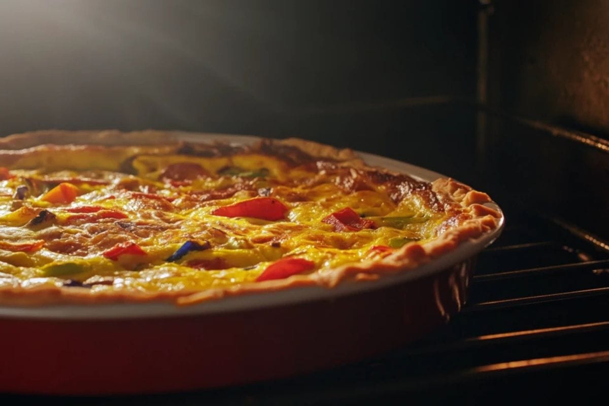 Freshly baked tortilla quiche with crispy edges in a ceramic dish