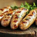 Grilled turkey Italian sausages with herbs on a wooden board.