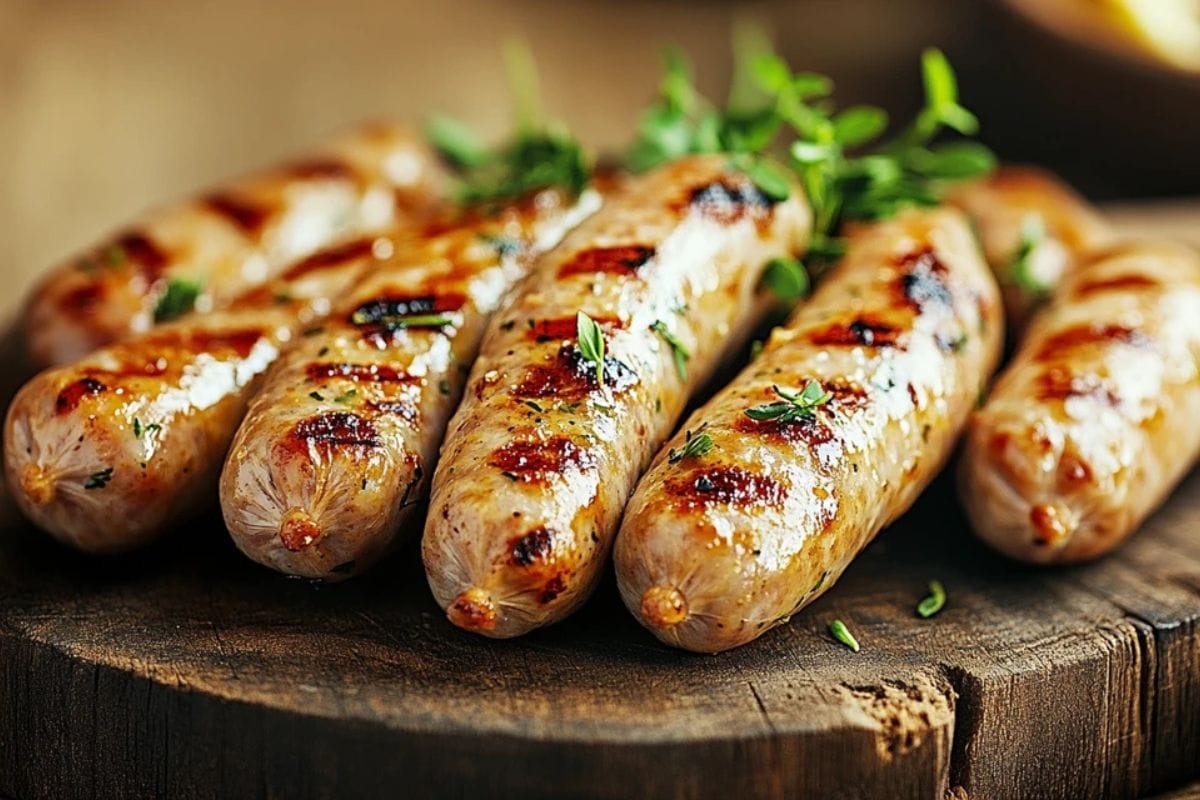 Grilled turkey Italian sausages with herbs on a wooden board.