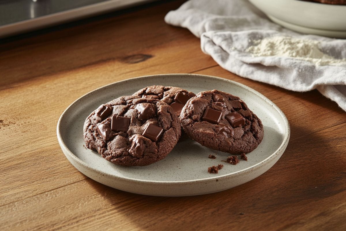 Homemade double chunk chocolate cookies on a decorative plate