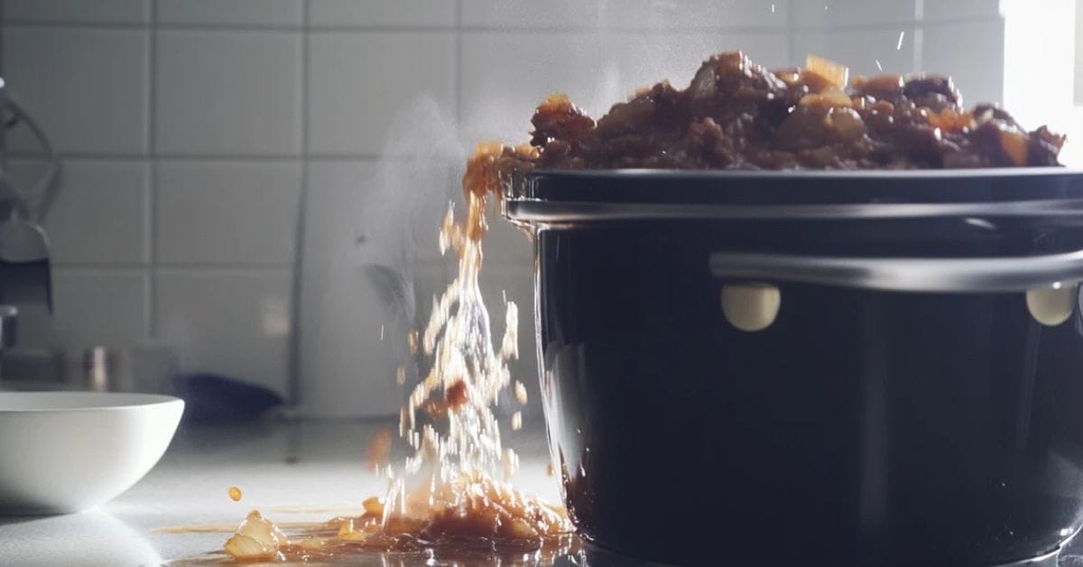 Overfilled slow cooker spilling food on the counter