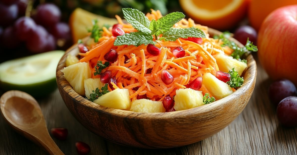 A bowl of vibrant salad with carrots, fruits, and herbs.