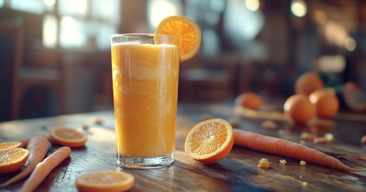 Glass of carrot and orange juice with fresh ingredients