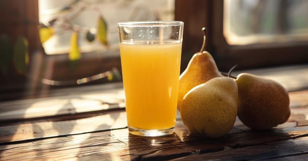 A glass of fresh pear juice with pears on the side