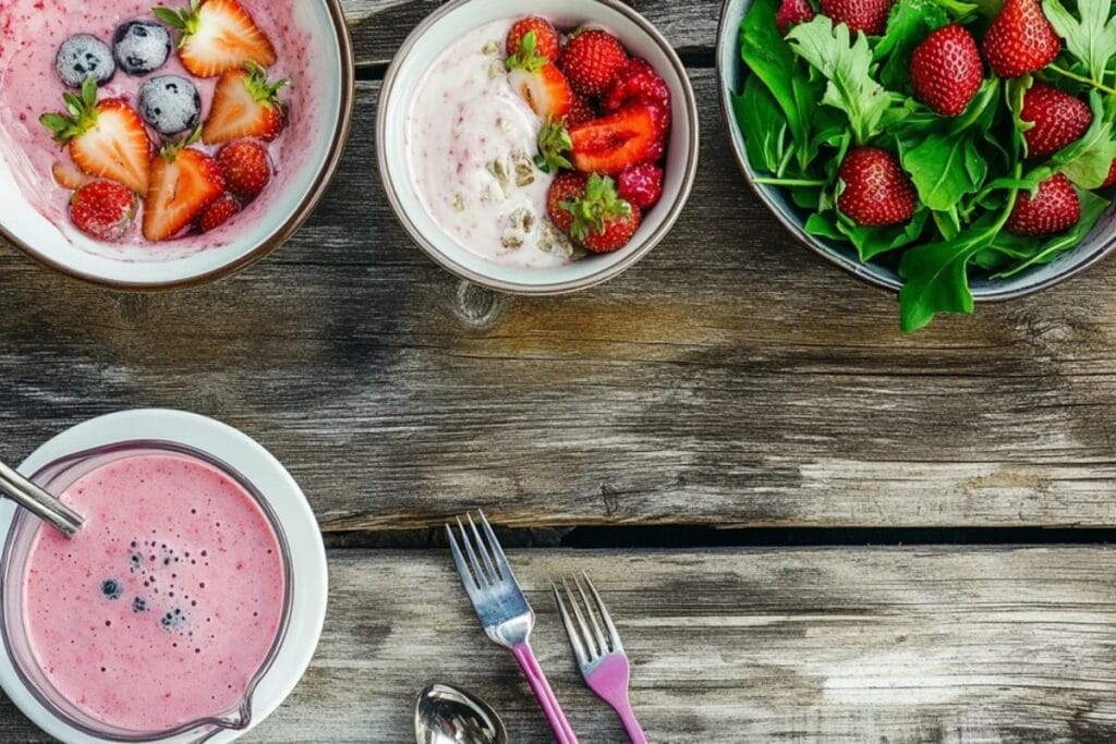 A variety of dishes made with frozen strawberries, showcasing desserts, smoothies, and savory dishes.