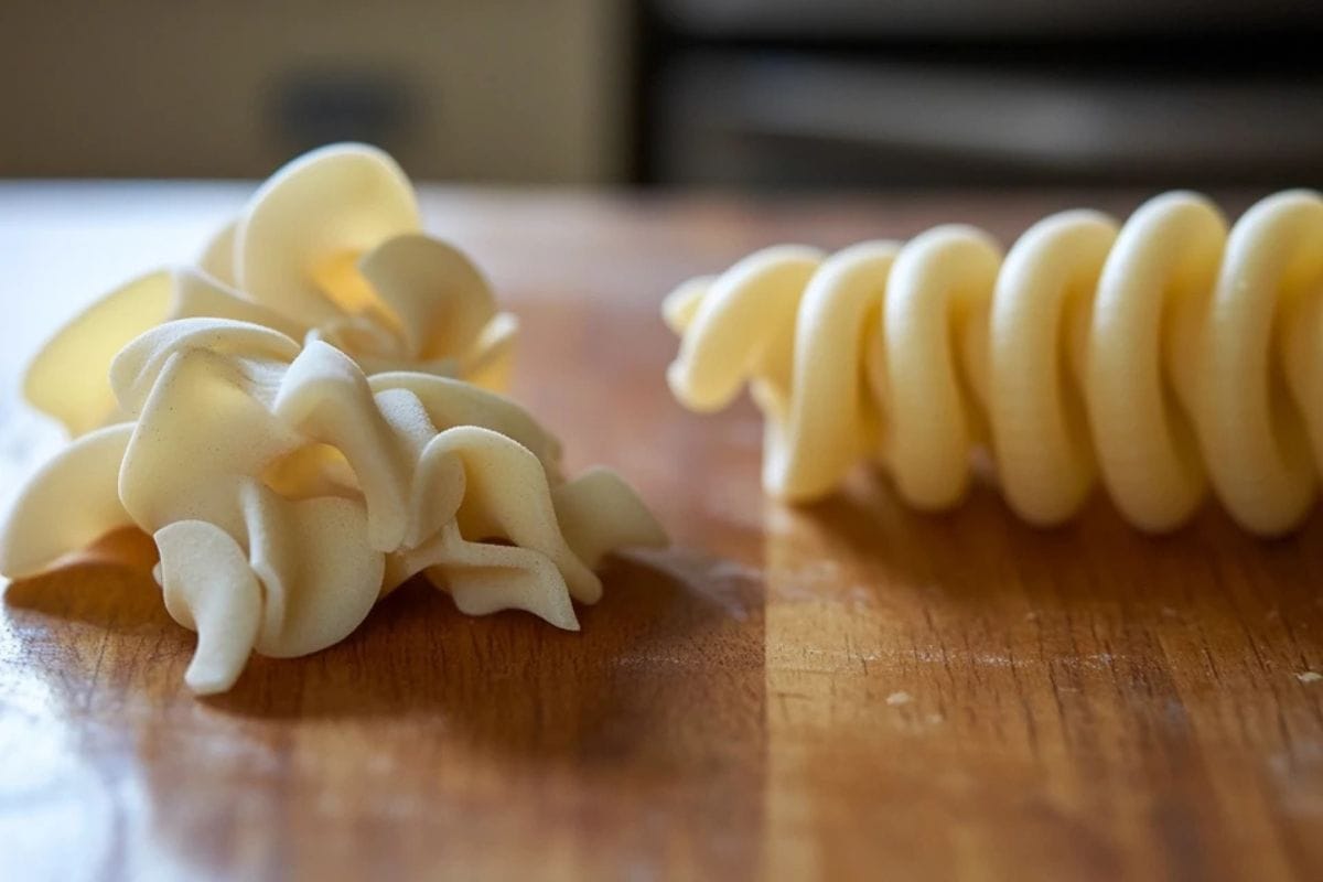 Comparison of cavatappi and elbow macaroni pasta shapes side by side.