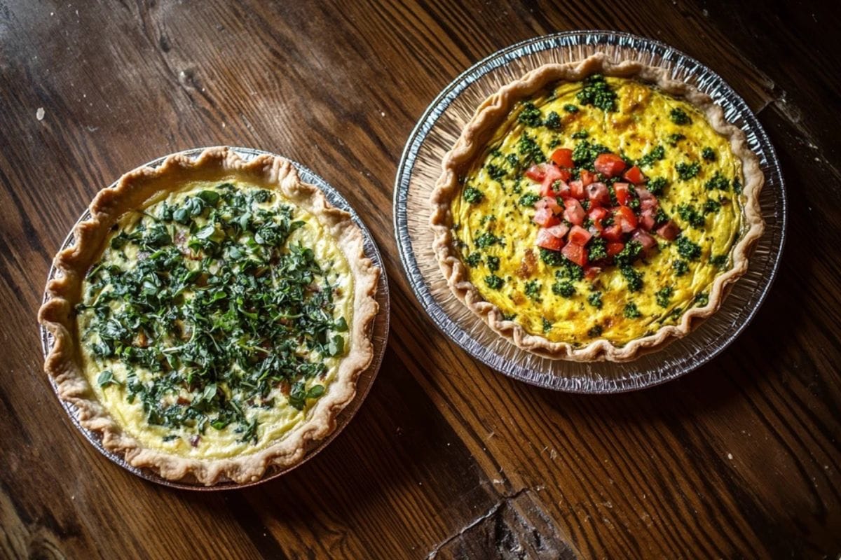 A quiche with a golden crust and a frittata topped with fresh herbs