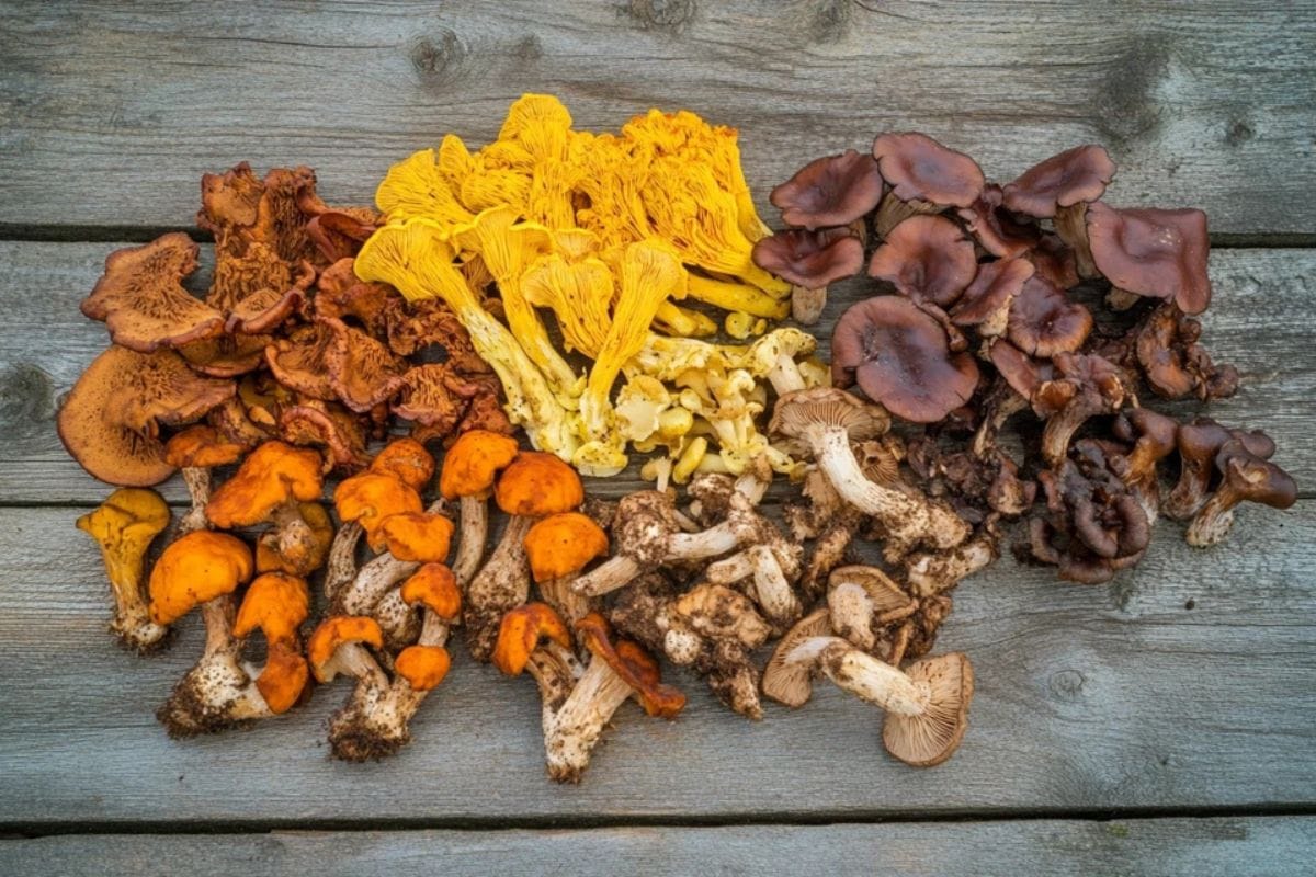 Assortment of nutrient-packed mushrooms on a wooden surface