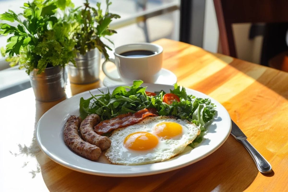 A plate with turkey sausage and crispy bacon, surrounded by fresh vegetables