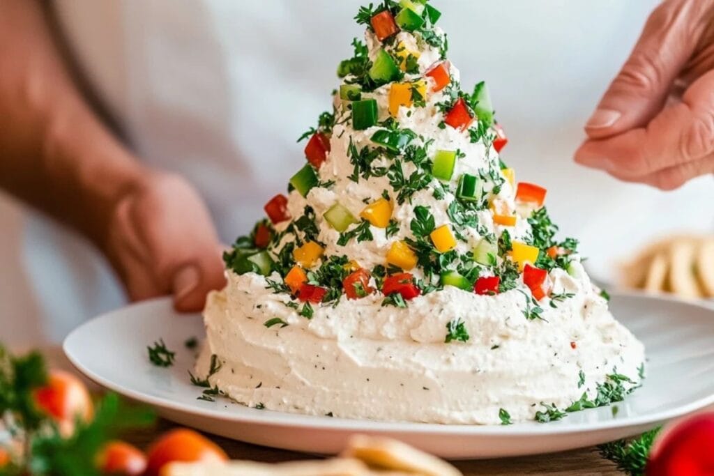 Christmas tree-shaped dip with vegetables and crackers