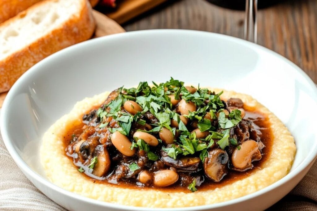 A hearty bowl of White Bean Mushroom Ragu garnished with parsley.