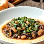 A hearty bowl of White Bean Mushroom Ragu garnished with parsley.