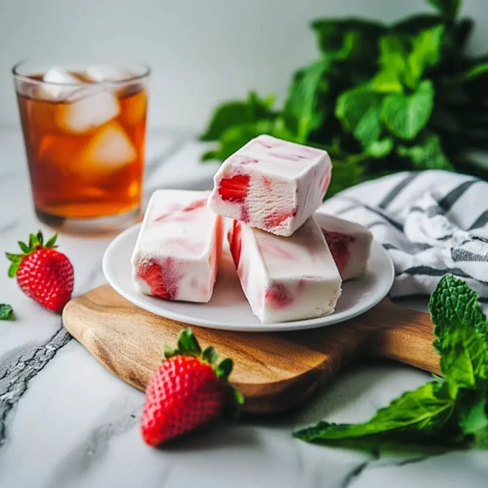 A Refreshing Table Setup With Strawberry Ice Cream Bars On A White Plate, Paired With A Glass Of Iced Tea And Fresh Mint, With A Summer Garden Background.