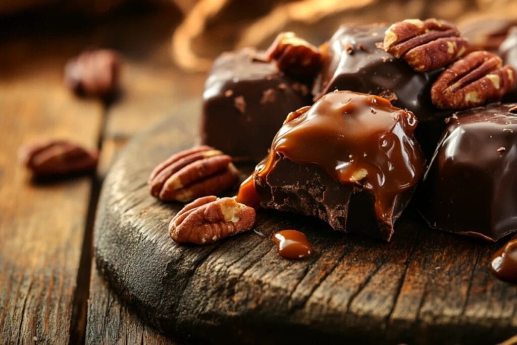 Close-up of Turtles chocolates with caramel and pecans