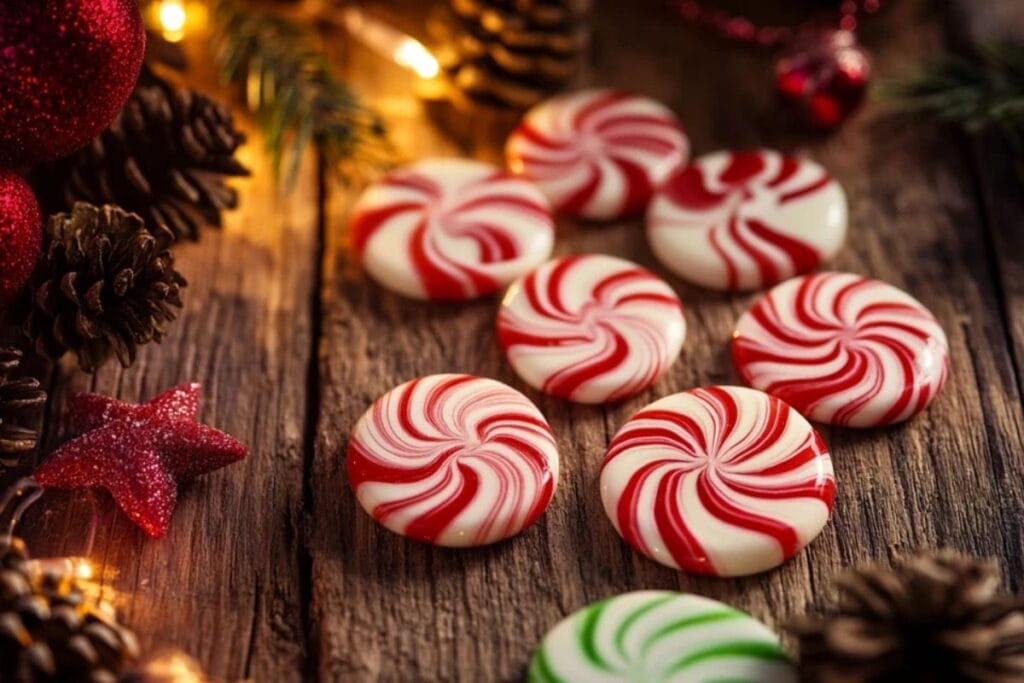 A plate of homemade peppermint candy with red and white swirls, placed on a holiday-themed table.