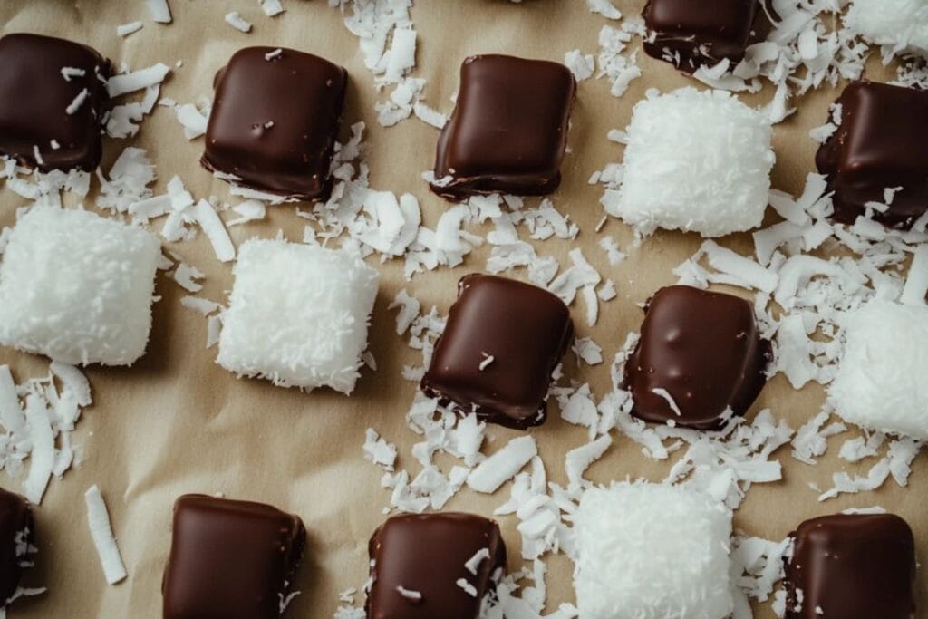 A batch of coconut candy, some chocolate-coated, arranged neatly on parchment paper.