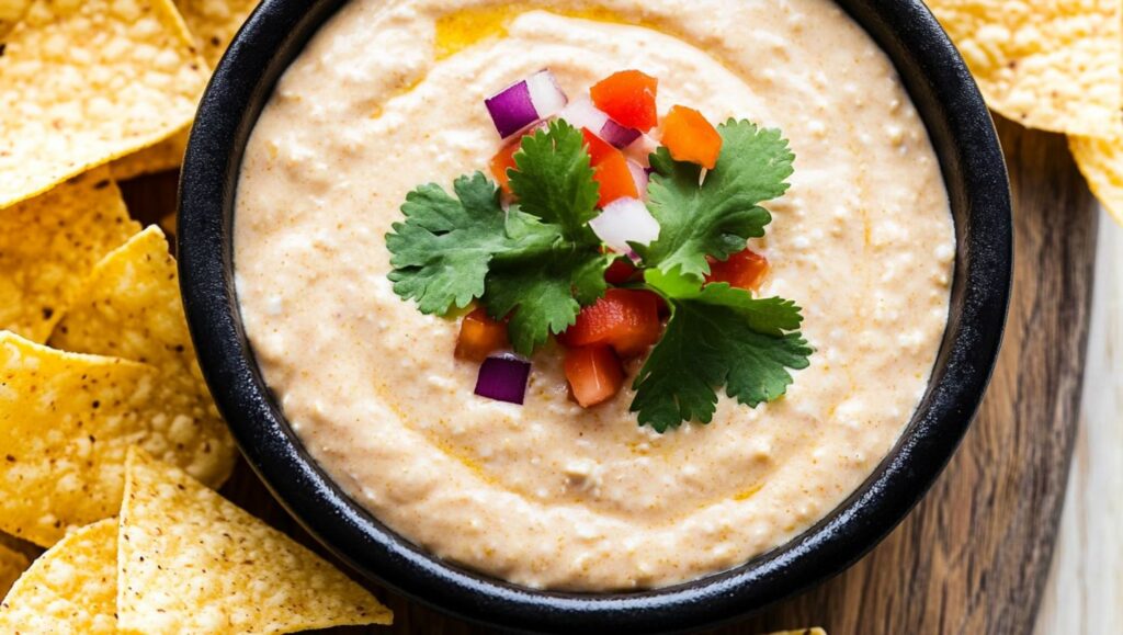 Cottage Cheese Queso served with tortilla chips and garnished with cilantro