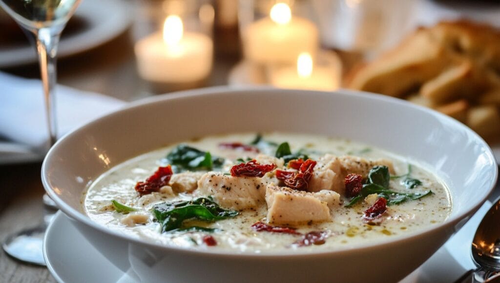 Creamy chicken soup garnished with spinach and Parmesan in a romantic table setting