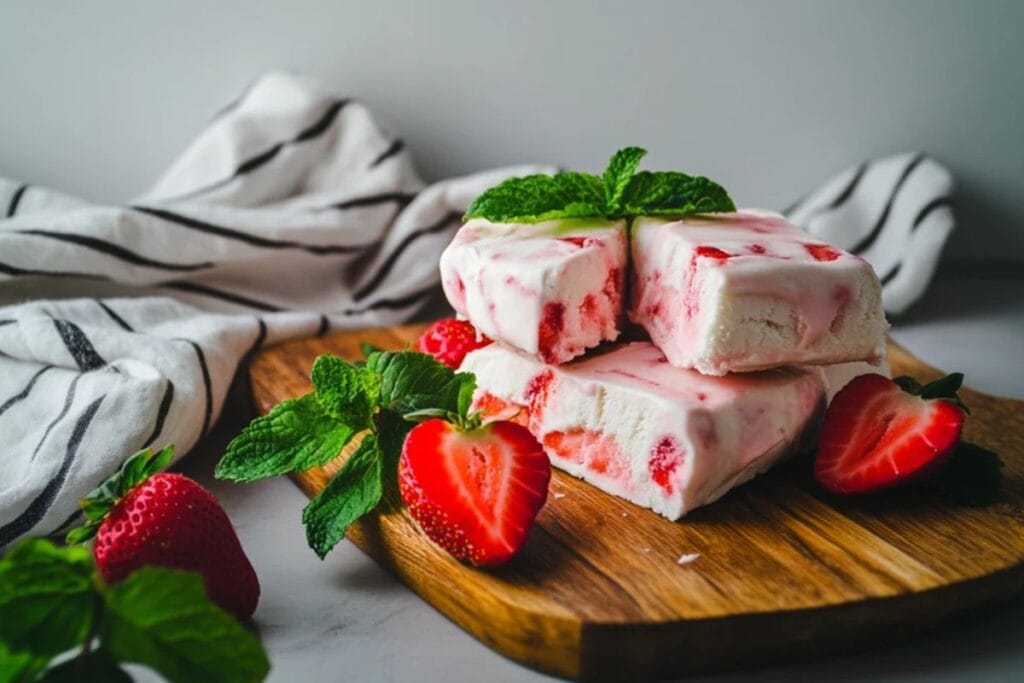 Strawberry ice cream bars with fresh strawberries and mint leaves