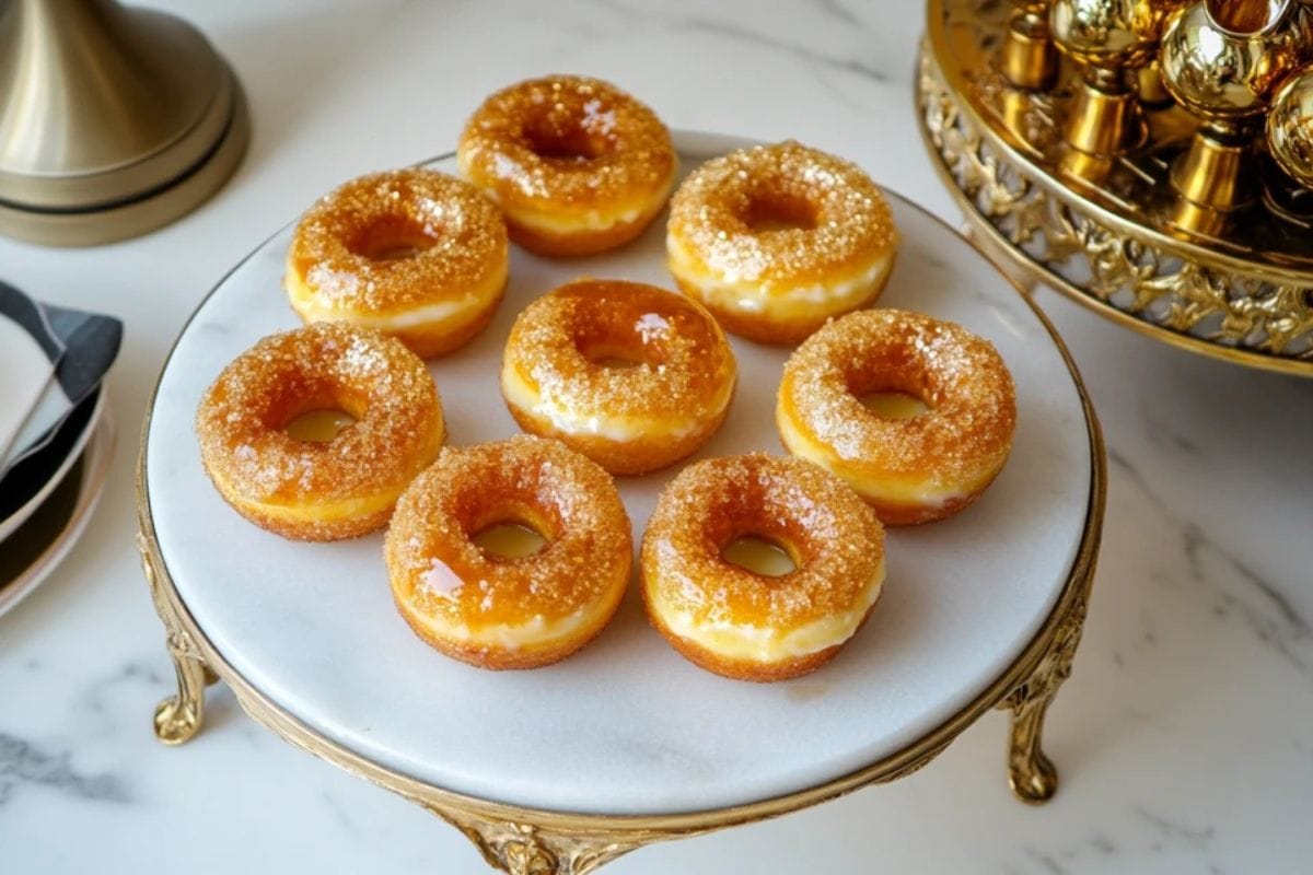 Crème Brûlée Donuts with caramelized sugar topping on a marble plate.