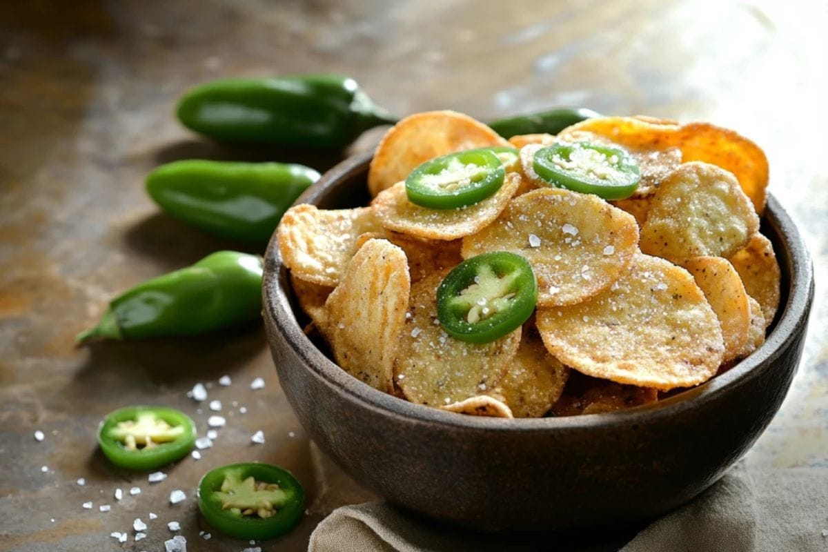 A bowl of crispy jalapeño chips with fresh jalapeño slices.