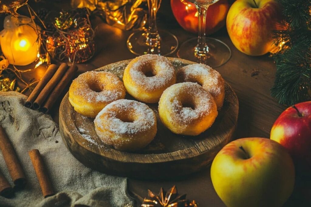 Golden apple donuts dusted with cinnamon sugar on a wooden platter.