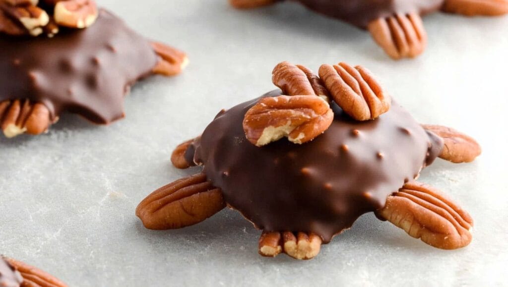 Turtle chocolates with pecans, caramel, and chocolate drizzle